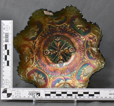 Fenton Carnival Glass Dragon and Lotus ruffled bowl, green - 8