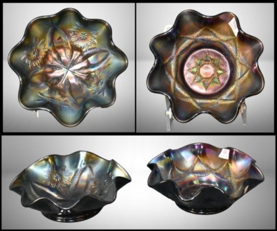 (2) Dugan Carnival Glass small purple 6"d ruffled bowls: Ski Star AND Four Flowers
