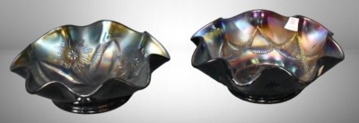 (2) Dugan Carnival Glass small purple 6"d ruffled bowls: Ski Star AND Four Flowers - 2