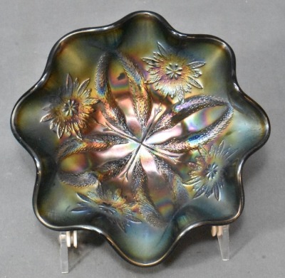 (2) Dugan Carnival Glass small purple 6"d ruffled bowls: Ski Star AND Four Flowers - 3