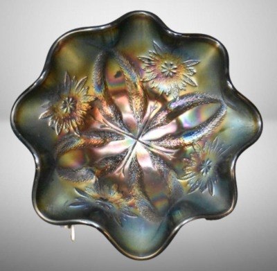 (2) Dugan Carnival Glass small purple 6"d ruffled bowls: Ski Star AND Four Flowers - 4