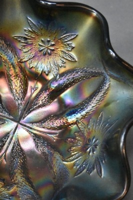 (2) Dugan Carnival Glass small purple 6"d ruffled bowls: Ski Star AND Four Flowers - 5