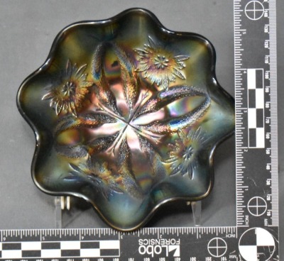 (2) Dugan Carnival Glass small purple 6"d ruffled bowls: Ski Star AND Four Flowers - 6