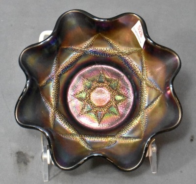 (2) Dugan Carnival Glass small purple 6"d ruffled bowls: Ski Star AND Four Flowers - 8