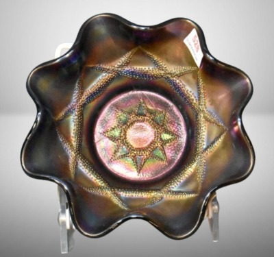 (2) Dugan Carnival Glass small purple 6"d ruffled bowls: Ski Star AND Four Flowers - 9