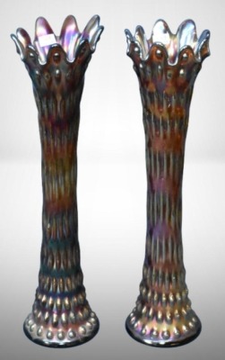 (2) Fenton Carnival Glass Rustic 16.5" vases, amethyst