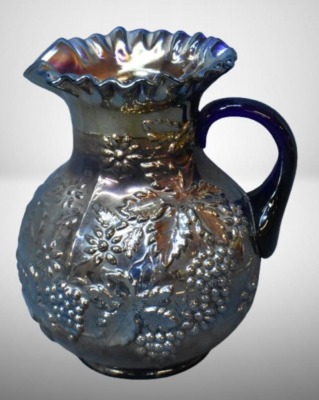 Dugan Carnival Glass Floral and Grape water pitcher, blue