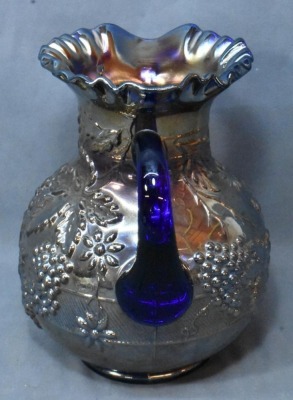 Dugan Carnival Glass Floral and Grape water pitcher, blue - 2
