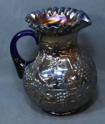 Dugan Carnival Glass Floral and Grape water pitcher, blue - 3