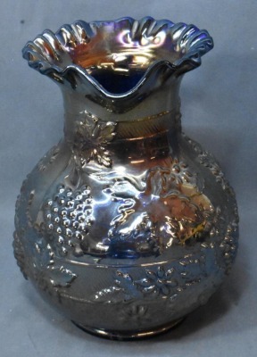 Dugan Carnival Glass Floral and Grape water pitcher, blue - 4