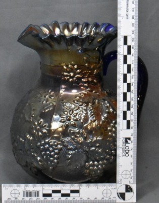 Dugan Carnival Glass Floral and Grape water pitcher, blue - 7