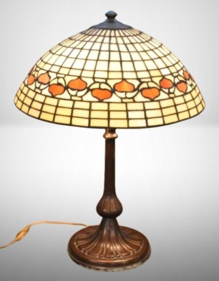 Mrkd. Handel 21" tall table lamp w/ leaded glass shade, earth tones
