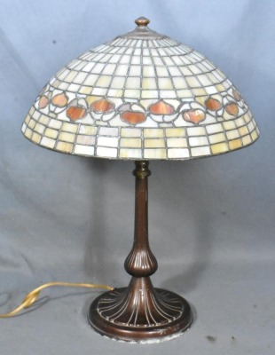 Mrkd. Handel 21" tall table lamp w/ leaded glass shade, earth tones - 2