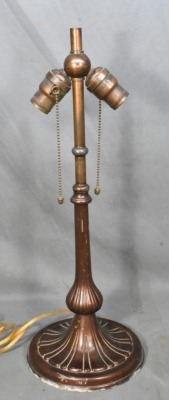 Mrkd. Handel 21" tall table lamp w/ leaded glass shade, earth tones - 5