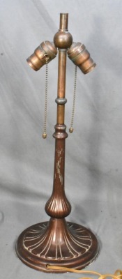 Mrkd. Handel 21" tall table lamp w/ leaded glass shade, earth tones - 7