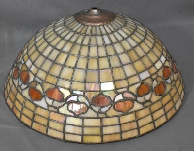 Mrkd. Handel 21" tall table lamp w/ leaded glass shade, earth tones - 9