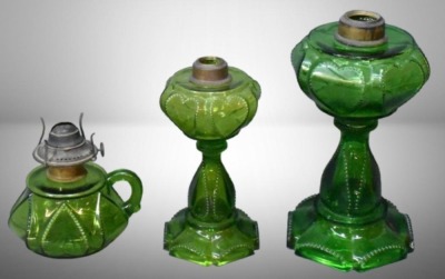 (3) Queen Heart kerosene lamp stands, green
