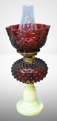 Cranberry Hobnail oil lamp on custard/vaseline base, glass hobnail shade