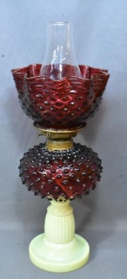 Cranberry Hobnail oil lamp on custard/vaseline base, glass hobnail shade - 2