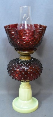 Cranberry Hobnail oil lamp on custard/vaseline base, glass hobnail shade - 3