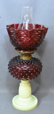 Cranberry Hobnail oil lamp on custard/vaseline base, glass hobnail shade - 4