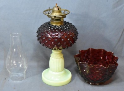 Cranberry Hobnail oil lamp on custard/vaseline base, glass hobnail shade - 5