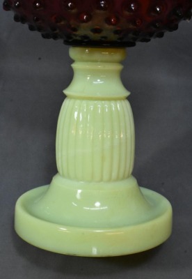 Cranberry Hobnail oil lamp on custard/vaseline base, glass hobnail shade - 6