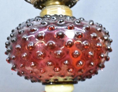 Cranberry Hobnail oil lamp on custard/vaseline base, glass hobnail shade - 7