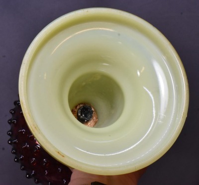 Cranberry Hobnail oil lamp on custard/vaseline base, glass hobnail shade - 10