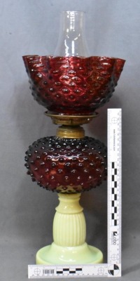 Cranberry Hobnail oil lamp on custard/vaseline base, glass hobnail shade - 12