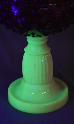 Cranberry Hobnail oil lamp on custard/vaseline base, glass hobnail shade - 13