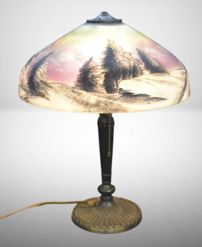 Mrkd PLB and G Co. (1808) 20" tall table lamp w/ reverse painted scenic shade