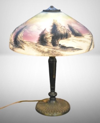 Mrkd PLB and G Co. (1808) 20" tall table lamp w/ reverse painted scenic shade