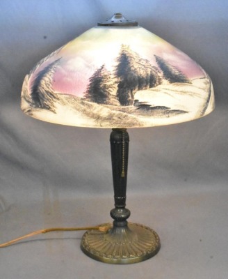 Mrkd PLB and G Co. (1808) 20" tall table lamp w/ reverse painted scenic shade - 3