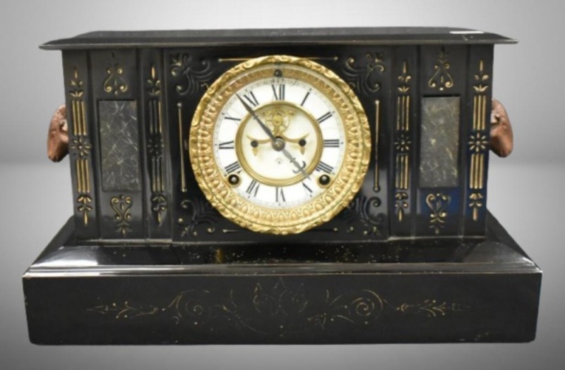 Ansonia black mantle clock w/ ram's heads handles - key and works!