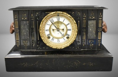 Ansonia black mantle clock w/ ram's heads handles - key and works!