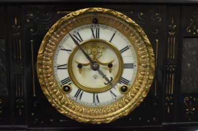 Ansonia black mantle clock w/ ram's heads handles - key and works! - 2
