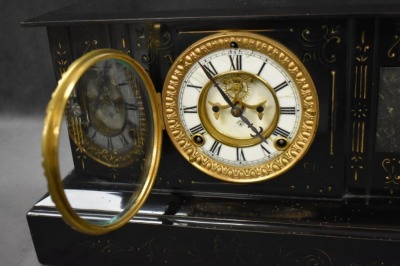 Ansonia black mantle clock w/ ram's heads handles - key and works! - 5