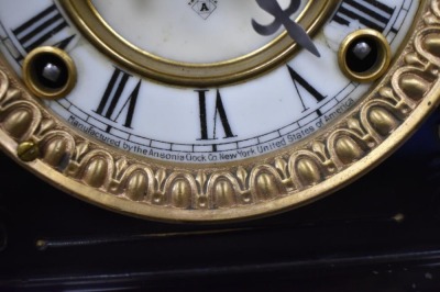 Ansonia black mantle clock w/ ram's heads handles - key and works! - 8