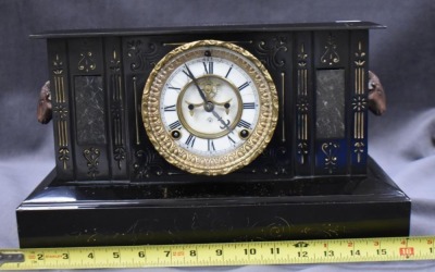 Ansonia black mantle clock w/ ram's heads handles - key and works! - 9