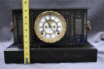Ansonia black mantle clock w/ ram's heads handles - key and works! - 10