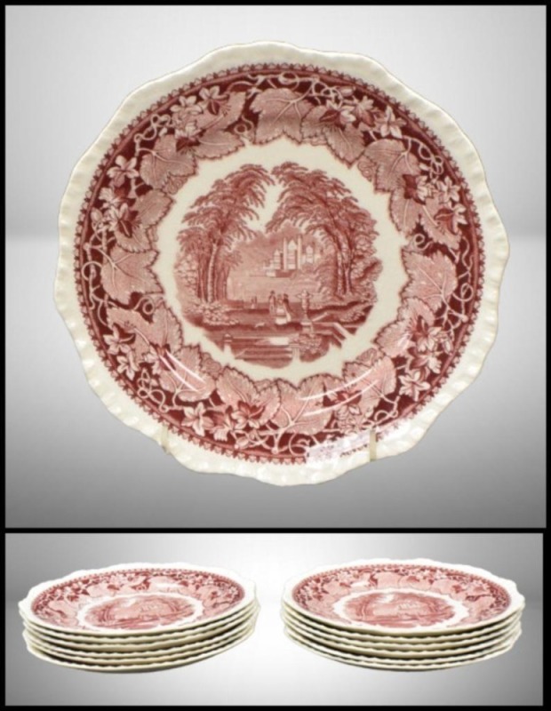 (12) Mason'sk Vista/ England Transferware 8"d plates, pink