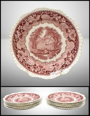 (12) Mason'sk Vista/ England Transferware 8"d plates, pink