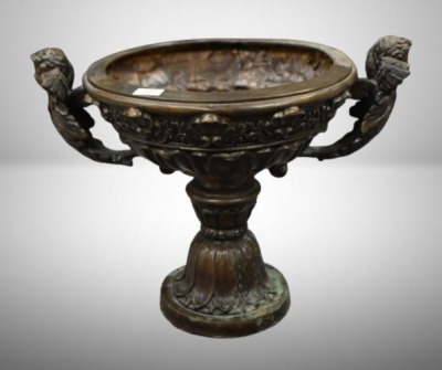 Bronze pedestal planter w/ dbl. cupid handles