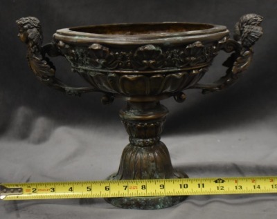 Bronze pedestal planter w/ dbl. cupid handles - 7