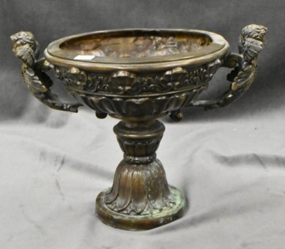 Bronze pedestal planter w/ dbl. cupid handles - 8