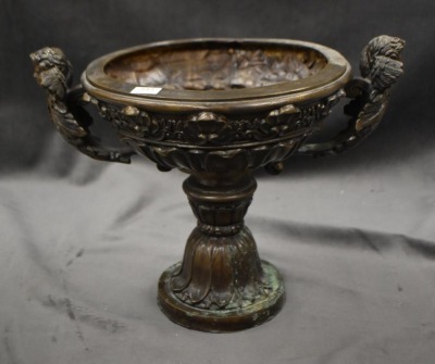 Bronze pedestal planter w/ dbl. cupid handles - 9