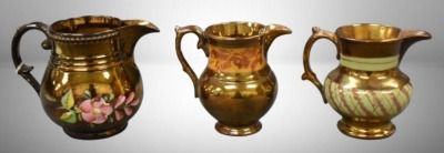 (3) English Copper Luster decorated pitchers: 4.5" pitchers