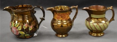 (3) English Copper Luster decorated pitchers: 4.5" pitchers - 2
