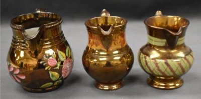 (3) English Copper Luster decorated pitchers: 4.5" pitchers - 3